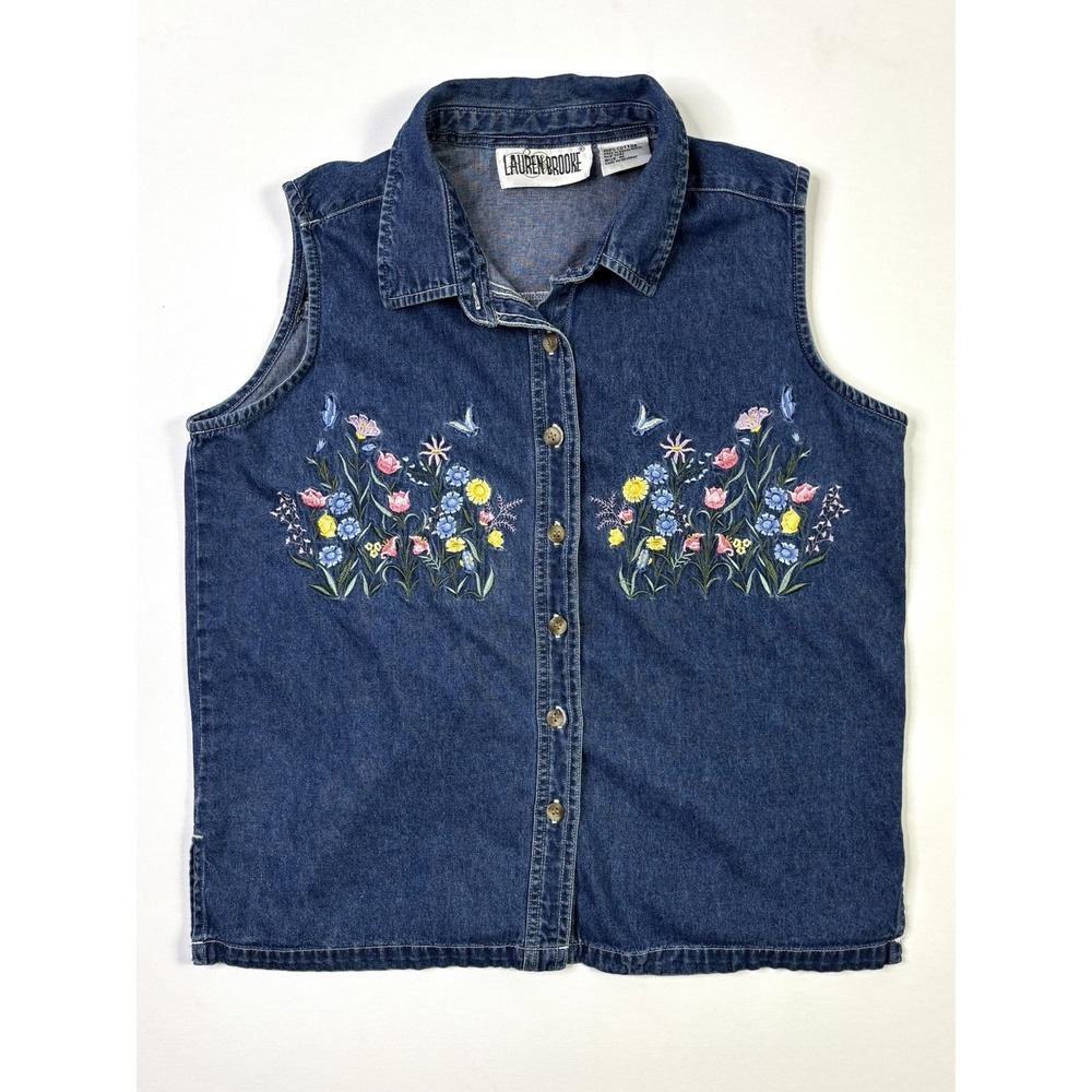 Lauren Brooke Denim Vest Women's Medium Sleeveless Button Up Floral Embroidered